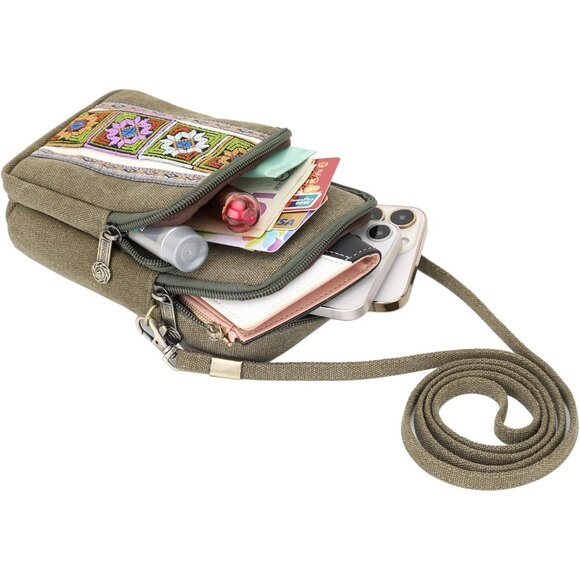 Women's S4 Army Green Vintage Embroidered Cute Mini Cross Body Bag Small Handbag - Picture 6 of 7